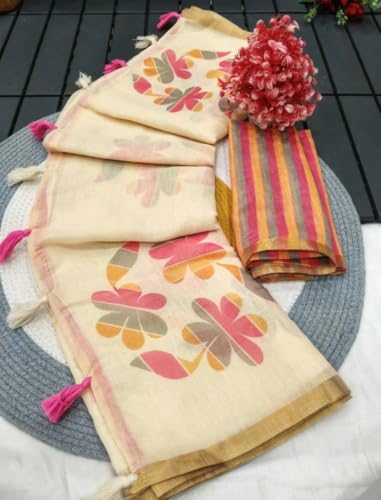 Image of Women's Linen Cotton Blend Saree Multicolor Ikat Brush Print Scalloped Border with Floral Print Unstitched Blouse Piece