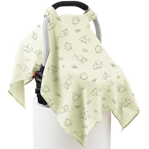 Image of 100% Muslin Cotton Car Seat Cover Baby, Carseat Canopy Cover, Universal Fit Stroller Covers for Boys and Girls (Cute Elephant)