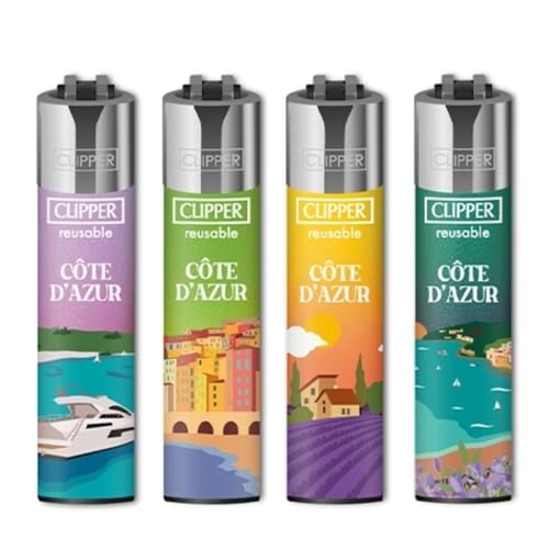 Briquets Métalliques Clipper Collection Côte d'Azur, Rechargeables, Designs French Riviera Ensoleillés, Lot de 4, Finition Métallisée