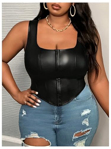 Floerns Women's Plus Size Leather Sleeveless Corset Tops Asymmetrical Hem Tank Top4