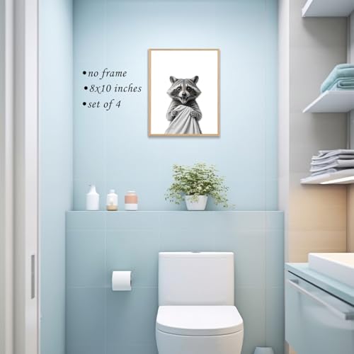 Image of Boat Wades Funny Bathroom Raccoon Wall Art Prints Set of 4, Raccoon Bathroom Decor, Cute Trash Panda Posters Pictures Wall Decor for Bath Room Washroom Restroom Toilet, 8x10 Unframed