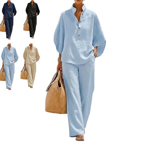 Ensemble lin et coton femme à manches chauve-souris et pantalon large fluide