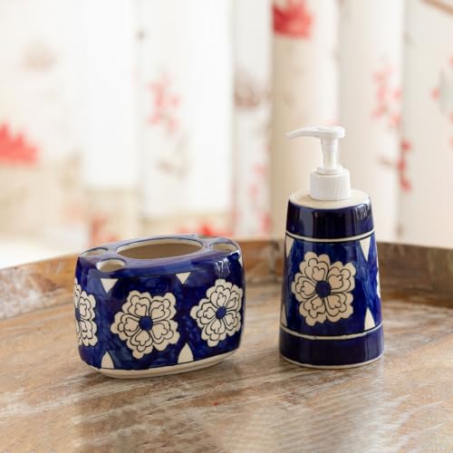 Image of ExclusiveLane 'Mughal Bloom' Hand-Painted Ceramic Bathroom Accessories Set of 2 (Liquid Soap Dispenser for Wash Basin, Paste & Toothbrush Holder) |Handwash Dispenser |Bathroom Organiser Set