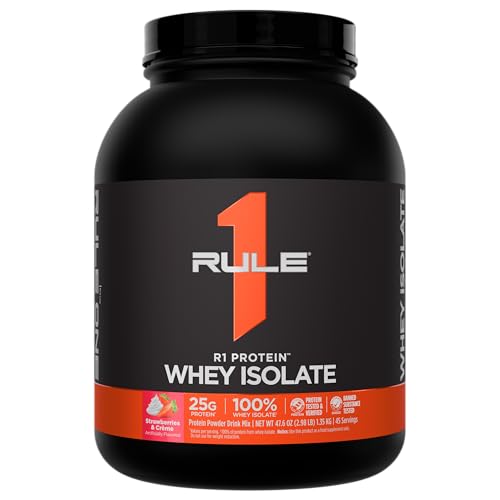 Image of Rule 1 Proteins R1 Proteins Whey Isolate, Strawberries & Creme, 45 Servings | 25g of Protein from Whey Isolates and Hydrolysate isolates for Workout Recovery and anytime use