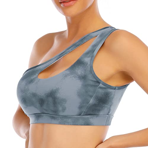One Shoulder Sports Bra,Yoga Bra,Workout Bras for Women One Strap Sports Bra Running Athletic Tie Dye Sports Bra D023-blue tie dye-M