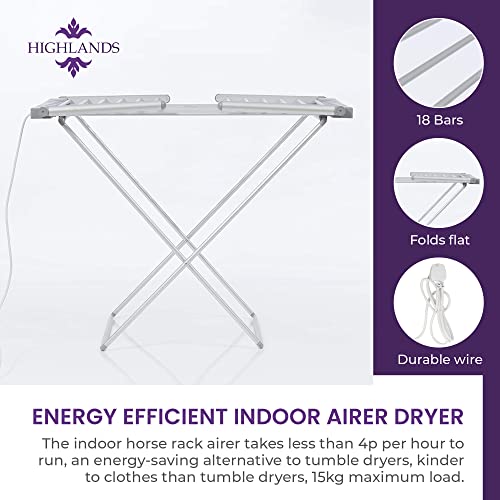 Highlands Electric Heated Clothes Dryer Folding Energy-Efficient Indoor Airer Wet Laundry Drying Horse Rack, Silver