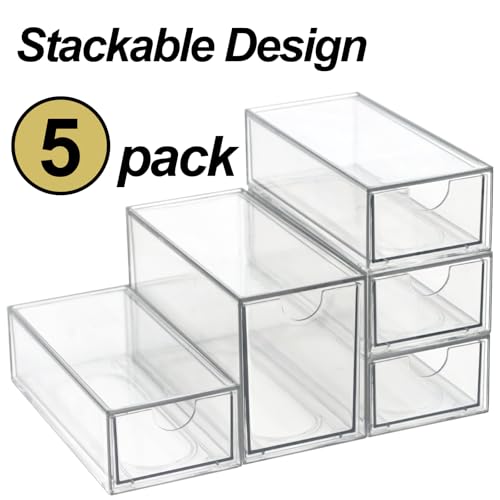 Image of Acrylic Makeup Organizer, Clear Storage Organizer Desktop Stackable Storage Drawers, Plastic Organizer Bins for Makeup, Stationery, Cosmetics, Vanity, Bathroom,Cabinet,Pantry Office Desk (5 Drawers)