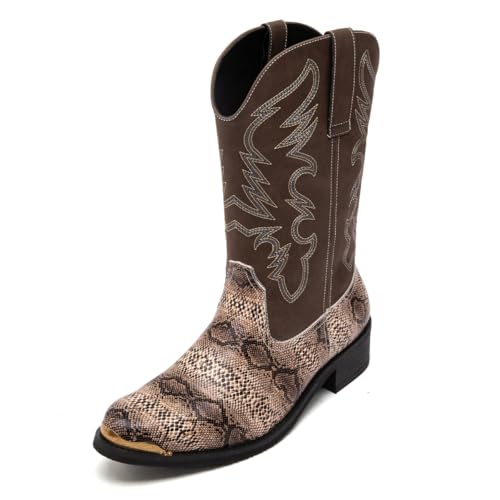 Image of Men's cowboy boots round toe boots embroidered with traditional Western country artificial snakeskin pattern