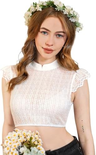 DIRNDLSTERN Bluse Damen Weiß - Dirndlbluse Spitze Dirndlblusen Hochgeschlossen Flügelärmel Trachtenblusen Vertikale Streifen Elegant