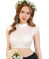 DIRNDLSTERN Bluse Damen Weiß - Dirndlbluse Spitze Dirndlblusen Hochgeschlossen Flügelärmel Trachtenblusen Vertikale Streifen Elegant 38