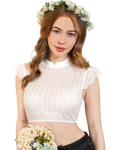 DIRNDLSTERN Bluse Damen Weiß - Dirndlbluse Spitze Dirndlblusen Hochgeschlossen Flügelärmel Trachtenblusen Vertikale Streifen Elegant 38