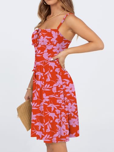Image of YATHON Summer Mini Corset Sun Dress for Women Short Casual Square Neck Lace Up Floral Beach Vacation Dresses with Pockets