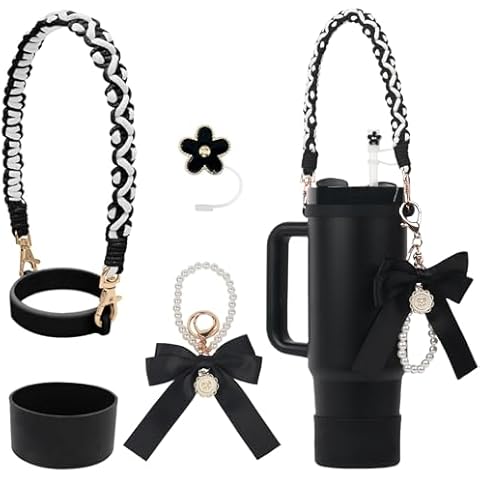 Beefly Stanley Cup Accessories Set- Water Bottle Handle Strap, Stanley Cup Protective Silicone Boot, Straw Lid Flower Design Stanley Charms for Stanley Cup 40oz /30 oz Tumbler (black) Cover