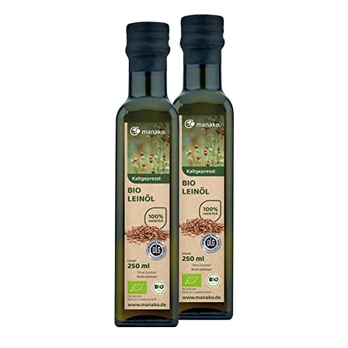 manako BIO Leinöl human, kaltgepresst und 100% rein, 2 x 250 ml Glasflaschen
