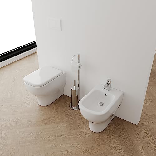 Coppia di sanitari a terra filomuro Bidet e Vaso WC in ceramica con sedile coprivaso STEFANO