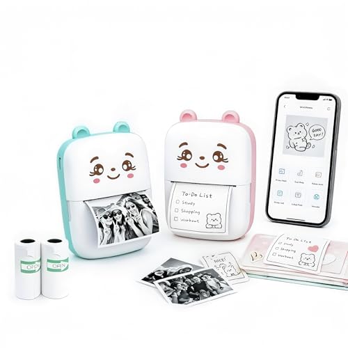 Image of NPIBS Mini Thermal Printer, Cute Bear Portable Bluetooth Sticker Printer with 1 Roll Paper, Pocket Label Maker for DIY Journal, Photos, Study Notes, Kids Gift - Blue & Pink Available