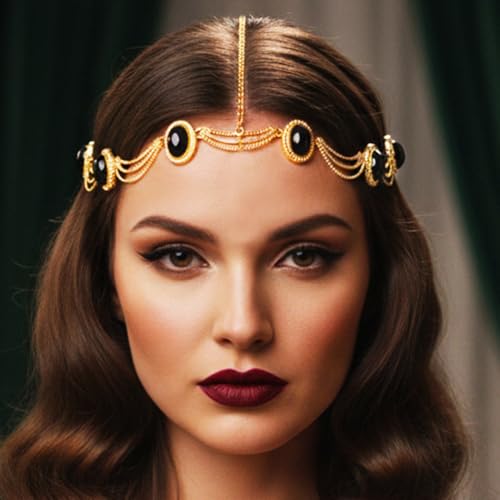 GORAIS Black Rhinestone Head Chain Jewelry Gold Egyptian Headband Forehead Costume Headpiece for Women