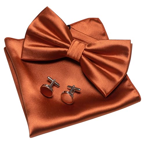 JEMYGINS Rust Bow Tie Pre-tied Silk Bowtie and Pocket Square Cufflinks Sets for Men(58)