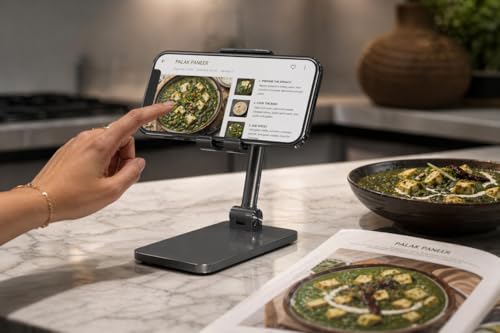 Image of Metal Mobile Stand for Smartphones with 360 Degree Rotation, Adjustable and Foldable Phone Holder, Black, Freestanding, Anti-Slip Base