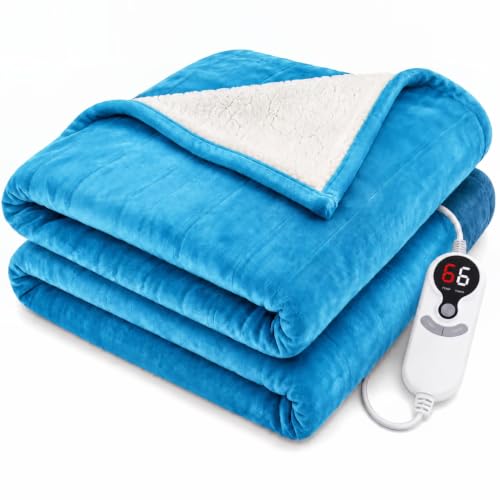 LUXIAN Electric Heated Blanket Full Size 72"x84" Queen Dual-Sided Flannel & Sherpa Fast Heating 9 Heat Settings 1-10H Auto Off ETL Safe Heating Ocean Breeze Blue Bed Sofa Office Winter Gift
