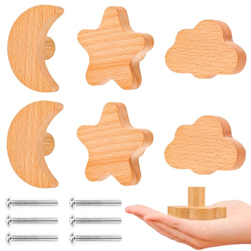 AKONE 6 pomos de madera para armarios infantiles, diseño de estrellas, luna, nubes de madera, para armario, cajones, decoración natural, cajón, habitación de los niños