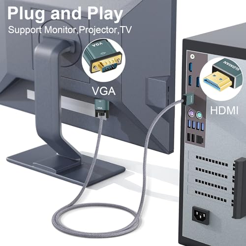 SLDXIAN Kabel HDMI na VGA, kabel HDMI do VGA (wtyczka na wtyczkę) 1080P pozłacany i aluminiowa obudowa, konwerter nylonowy, pleciony, kompatybilny z komputerami stacjonarnymi, laptopami, komputerami,