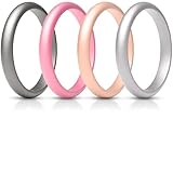 ThunderFit Women's Thin and Stackable 4 Pack Silicone Rings Wedding Bands 2.5mm Width - 2mm Thick (Metallic Pink, Rose Gold, Silver, Dark Silver, 6.5-7 (17.3mm))