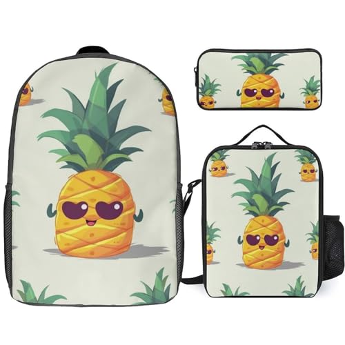 3 Piece Backpack for Women Men Lightweight Causal Daypack Shoulder Bag Set with Insulated Lunch Bag And Pencil Case Organizers Cute Pineapple