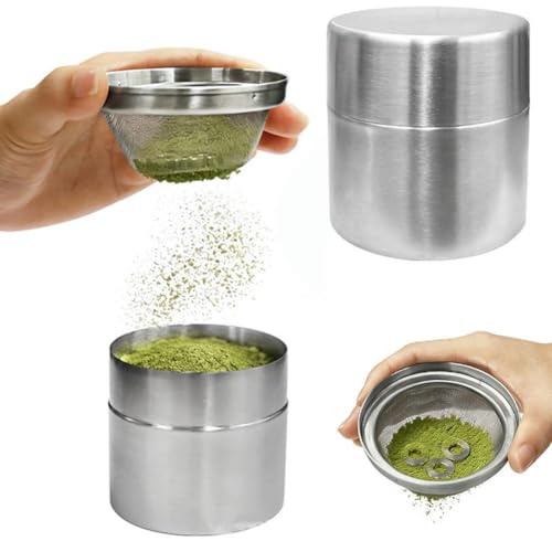 Matcha Powder Sifter and Storage Tin Set, Stainless Steel Matcha Shaker Canisters with Agitator Rings,Matchas Tin Container Tea Canister with Lids,40 Mesh Fine Sieve for Coffee MatchaTea Sugar Spice