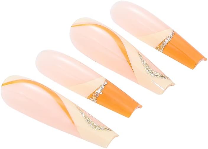 Vatocu Coffin Wavy Line Glitter False Nails Long French Ballerina Fake Nails Orange Press on Nails Acrylic Full Cover Stick on Nails for Women and Girls(24pcs) - Image 5