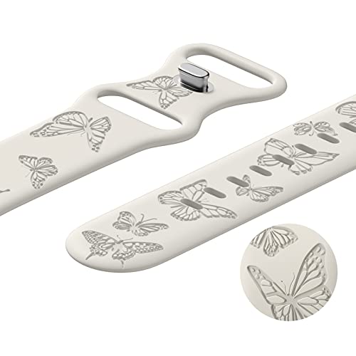 Image of Butterfly Engraved Bands Compatible with Apple Watch Band 41mm 40mm 38mm 49mm 46mm 49mm 46mm 45mm 44mm 42mm Women, Silicone Sport Strap for iWatch Series SE 10 9 8 7 6 5 4 3 2 1 SE Ultra