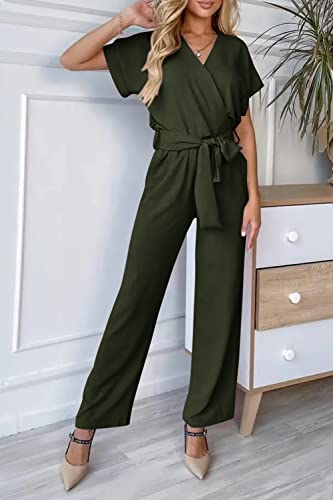 PRETTYGARDEN Women's Summer One Piece Jumpsuits Belted Short Sleeve Wrap V Neck Fashion Dressy Casual Wide Leg Pants Romper