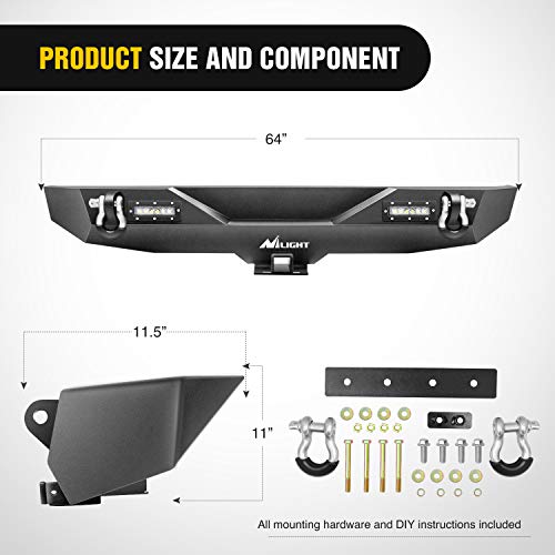 Image of Nilight Rear Bumper Compatible for 2018-2024 Jeep Wrangler JL Rock Crawler Bumper with Hitch Receiver & 2X Upgraded 18W LED Lights Off Road Textured Black