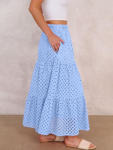 ANRABESS Maxi Skirts for Women Boho Tiered Eyelet Elastic High Waist A-Line Summer Casual Flowy Beach Vacation Long Skirt3