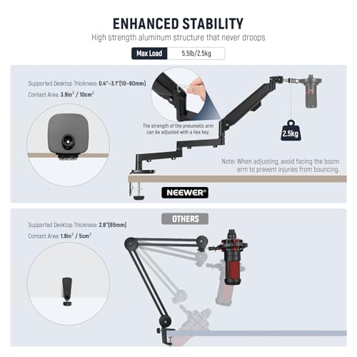 Image of NEEWER MS002 Low Profile Desk Mic Boom Arm Stand with 360 Swivel Adjustable Pneumatic Damping Cable Management Cleaning Cloth, Desktop Mount Holder Compatible with Shure MV7 SM7B Blue Yeti Microphone