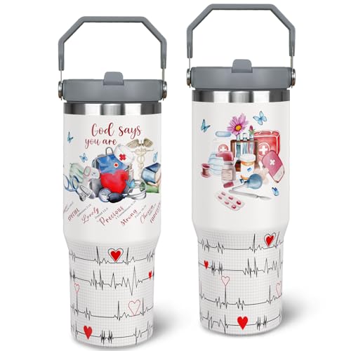 soeufnwhf 30oz Nurse Tumbler Cup with Handle Travel Coffee Mug, Nurses Nutrition Facts Tumbler, Best Nursing School and Nursing Graduation Gifts, RN Appreciation Gift