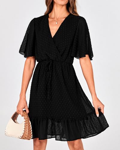 KIRUNDO Women's Summer Dresses 2025 Casual Short Sleeve V Neck Ruffle Floral Print High Waist Flowy Mini Dress with Belt3