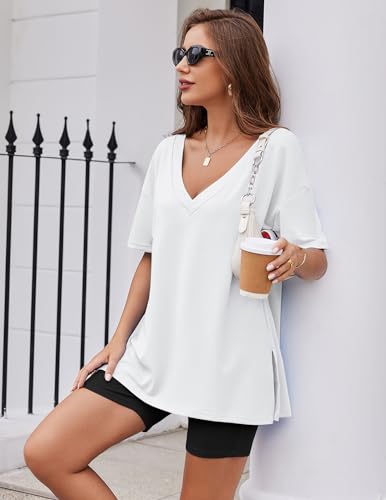 Image of Ekouaer Womens Pajamas 2 Piece Lounge Sets Oversized V Neck T-Shirts Tops Biker Shorts Set Workout Reversible Tracksuit White, XX-Large