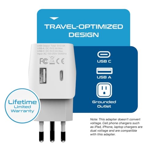Image of Italy, Chile, Uruguay Travel Adapter Plug by Ceptics with Dual USB - USA Input - Type L - Ultra Compact - Perfect for Cell Phones, Laptop, Camera Chargers, iWatch, iPad, iPhone and More (CTU-12A)