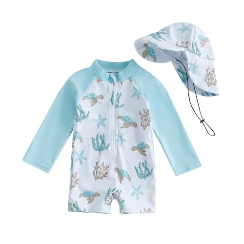 Springcmy Maillot de bain pour tout-petits, bébé, garçon, une pièce, manches longues, Rashguard, fermeture éclair, maillot de bain avec bonnet, mode de plage, combinaison en néoprène, 6-12 mois