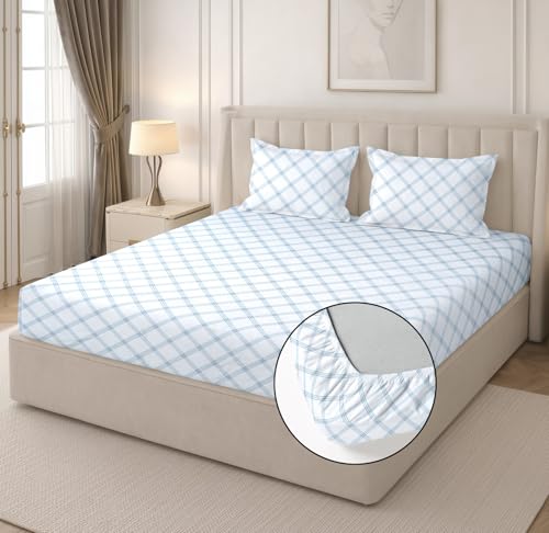 Image of RD TREND Glace Cotton All Around Elastic Fitted Check King Size Double Bed Bedsheet (72 inchx78 inchx8 inch) with 2 Pillow Cover (18 inchx28 inch) 210 TC (Lines-White)