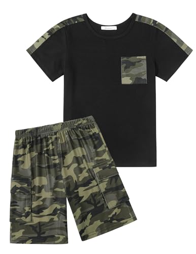 Arshiner Boys Army Green Camo Outfit Cotton T-Shirt & Shorts Set Warm Weather Summer Clothes for Kids 6-7 Years