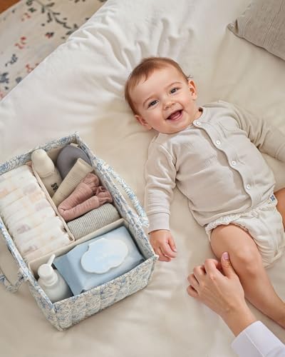 Blissful Diary Organizador floral para fraldas, elegante cesta de armazenamento para berçário, presente para chá de bebé, artigo indispensável para a lista de presentes de bebé, artigos essenciais