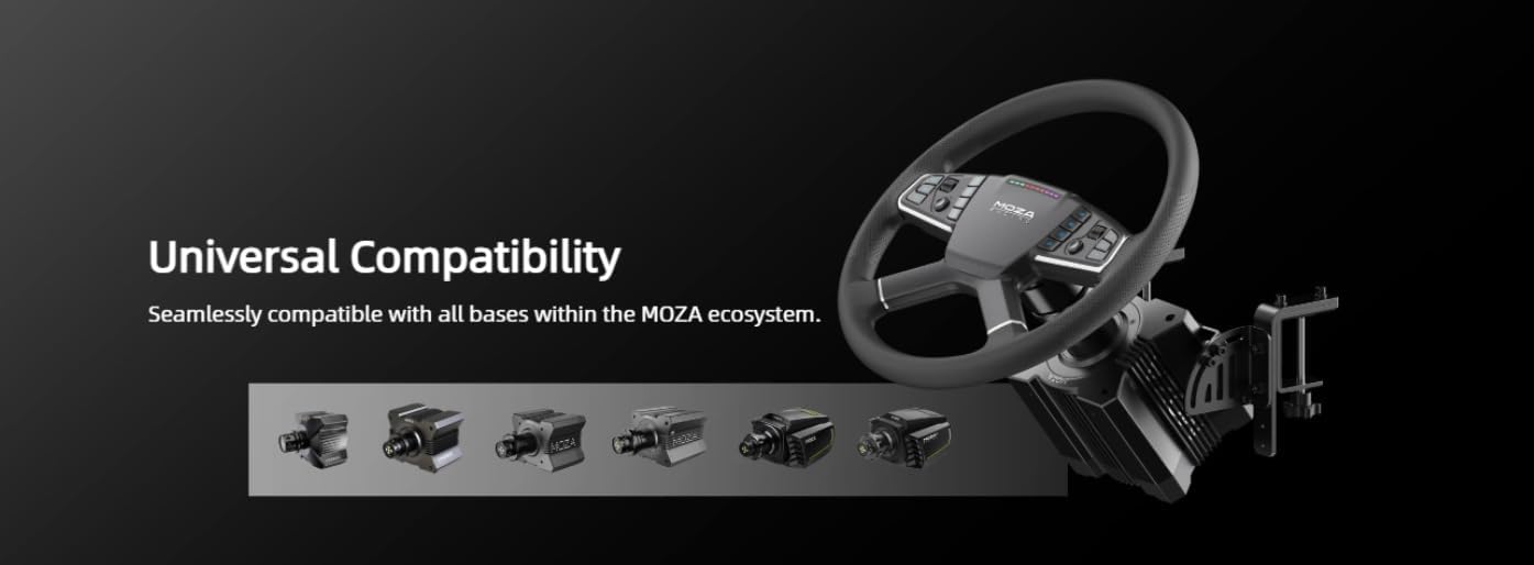 MOZA RS062 Truck Table Clamp showing universal compatibility with various MOZA wheelbases