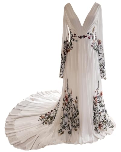 Ivory Boho Wedding Dress for Fashion Forward Bride 2026 Floral Embroidered Chiffon Bridal Gown Long Sleeve V Neck A Line Nature Wedding Dresses TPZF058-Ivory-16
