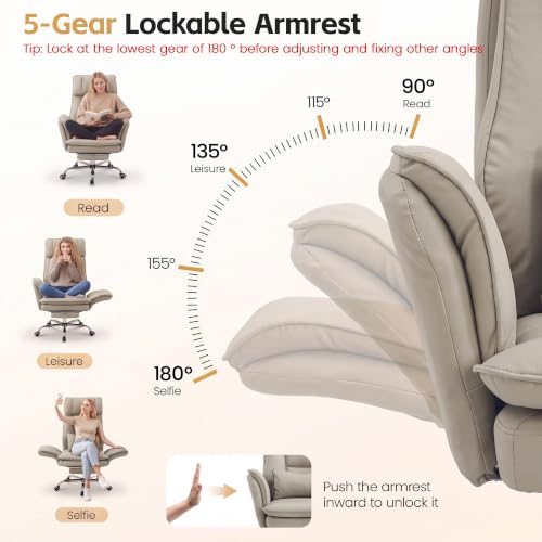 Image of Big and Tall Office Chair, Flip Armrest & Footrest for Pets, PU Khaki