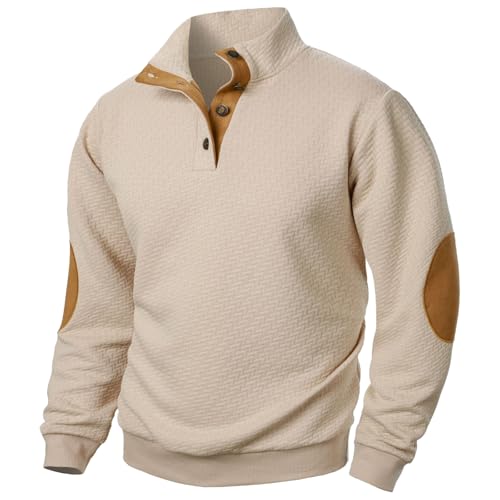 Langarm Poloshirt Herren Stehkragen Vintage Fleece-Pullover Mit Front Knöpfen Sweatshirt Outdoor Casual, Beige, M