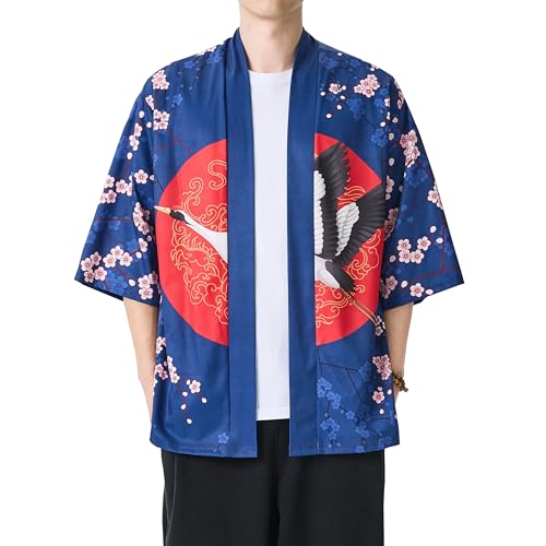 Image of PRIJOUHE Men's Japanese Kimono Cardigan Jackets Casual Long Sleeve Open Front Coat Lightweight Yukata Outwear