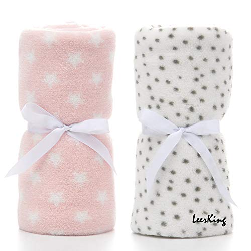 LeerKing 2 Pack Ultra Soft Baby Blankets, Comfortable Coral Fleece Plush Blankets for Infant Toddler, Gifts for Newborn, 30 x 40 Inches,Grey Dot & Pink Star