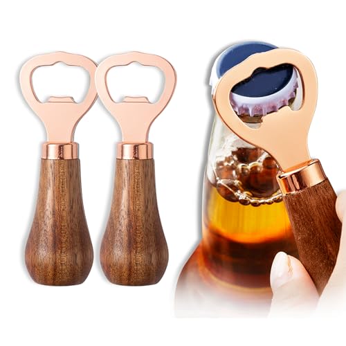 2 Piezas Abrebotellas, abrebotellas de acero inoxidable, abridor de botellas de cerveza, abrebotellas de madera natural, Abrebotellas de cerveza Portátil, para el hogar bar pub al aire libre (Dorado).